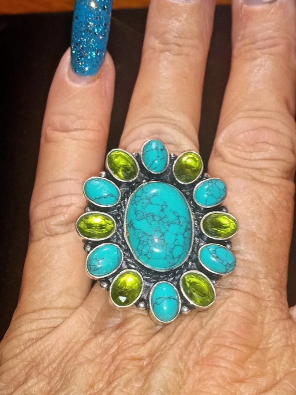 Turquoise & Green Stone Peridot Statement Ring Like New